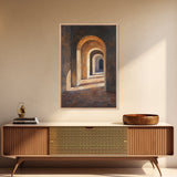Sunlight Peaks Through the Pillars, Framed Canvas Print, Moroccan Style Wall Art, Moroccan Painting, Paint of Morocco