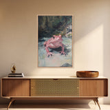 Painting of a Pink Frog, Framed Canvas Print, Wood Framed Wall Art, Home Decor, Preppy Pink Frog Wall Art, Dark Academia Decor