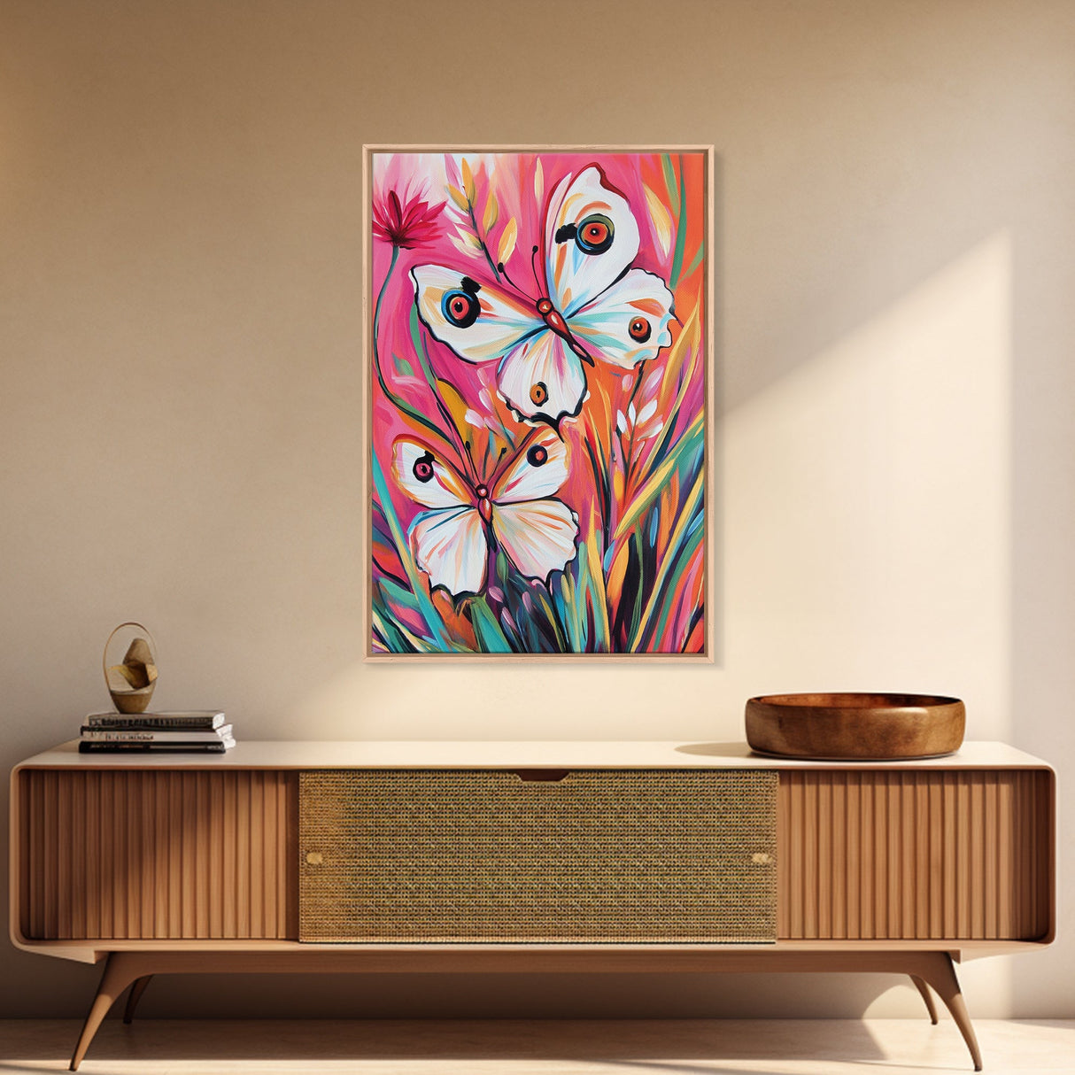 Abstract Painting Print of White Butterflies on Pink Background, Home Decor, Preppty Wall Art, Framed Canvas Print