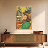 Christmas Postcard Style Art, Home Decor, Christmas Wall Art, Framed Canvas Print, 1950s Christmas Style Wall Art, Christmas Postcard Art