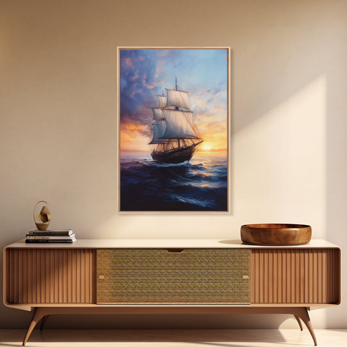 Pirateship at Dawn, Framed Canvas Print, Pirate Art