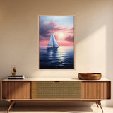 Vaporwave Sail Boat at Sunset, Framed Canvas Print, Retro Sail Boat Painting