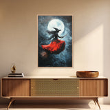 The Witch Rides her Broom under a full moon - Framed Canvas Print - Witchy Decor - Witch Painting - Halloween Wall Art