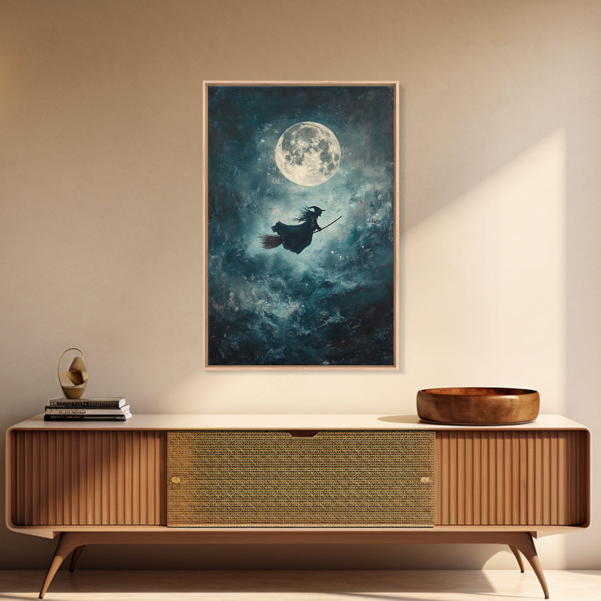 Witchy Decor, Witch Wall Art, Witch Riding a Broom Under a Full Moon, Witch Painting, Framed Canvas Print, Witchy Wall Art, Halloween Decor