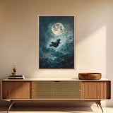 Witchy Decor, Witch Wall Art, Witch Riding a Broom Under a Full Moon, Witch Painting, Framed Canvas Print, Witchy Wall Art, Halloween Decor