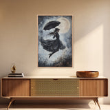 Witch Flying with an Umbrella, Framed Canvas Print, Witchy Decor, Halloween Wall Art, Goth Art, Dark Academia