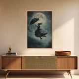 The Witch and her Umbrella Framed Canvas print, Witchy Decor, Witch painting, Witch Wall Art, Halloween Gift Idea