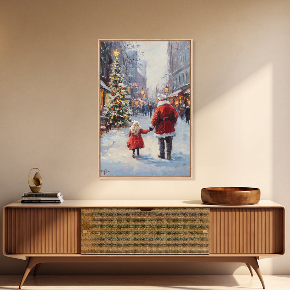 Santa in the Town Square, Framed Cavnas Print, Christmas Decor, Christmas Wall Art, Rustic Wall Art, Retro Christmas Wall Art