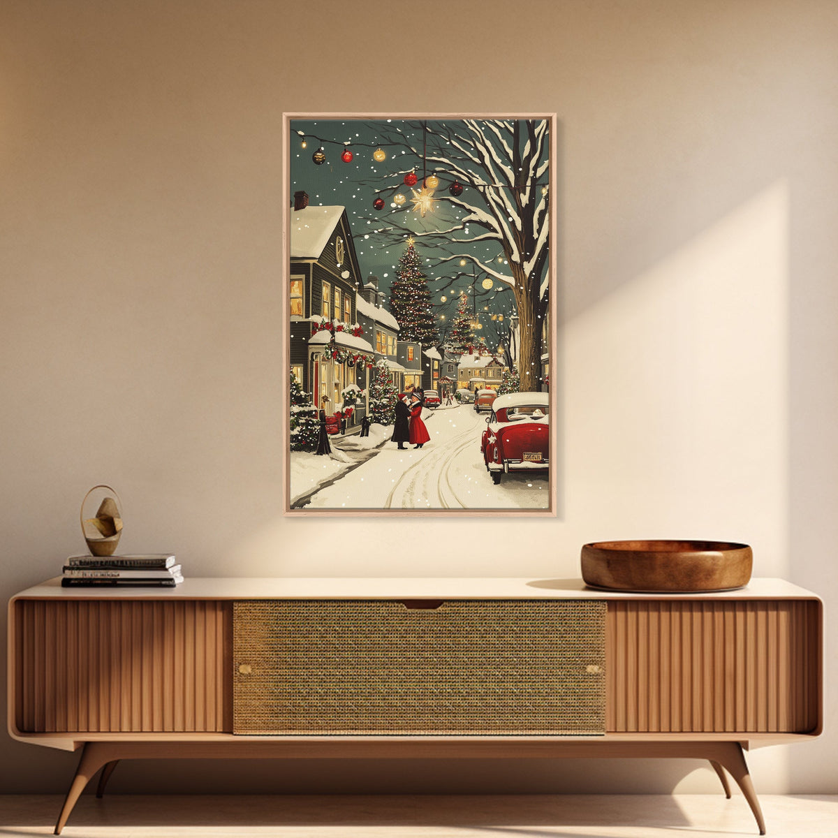 Vintage Christmas Wall Art, Framed Canvas Print, Vintage Art Print, Christmas Village Painting, Christmas Wall Art, Christmas Print