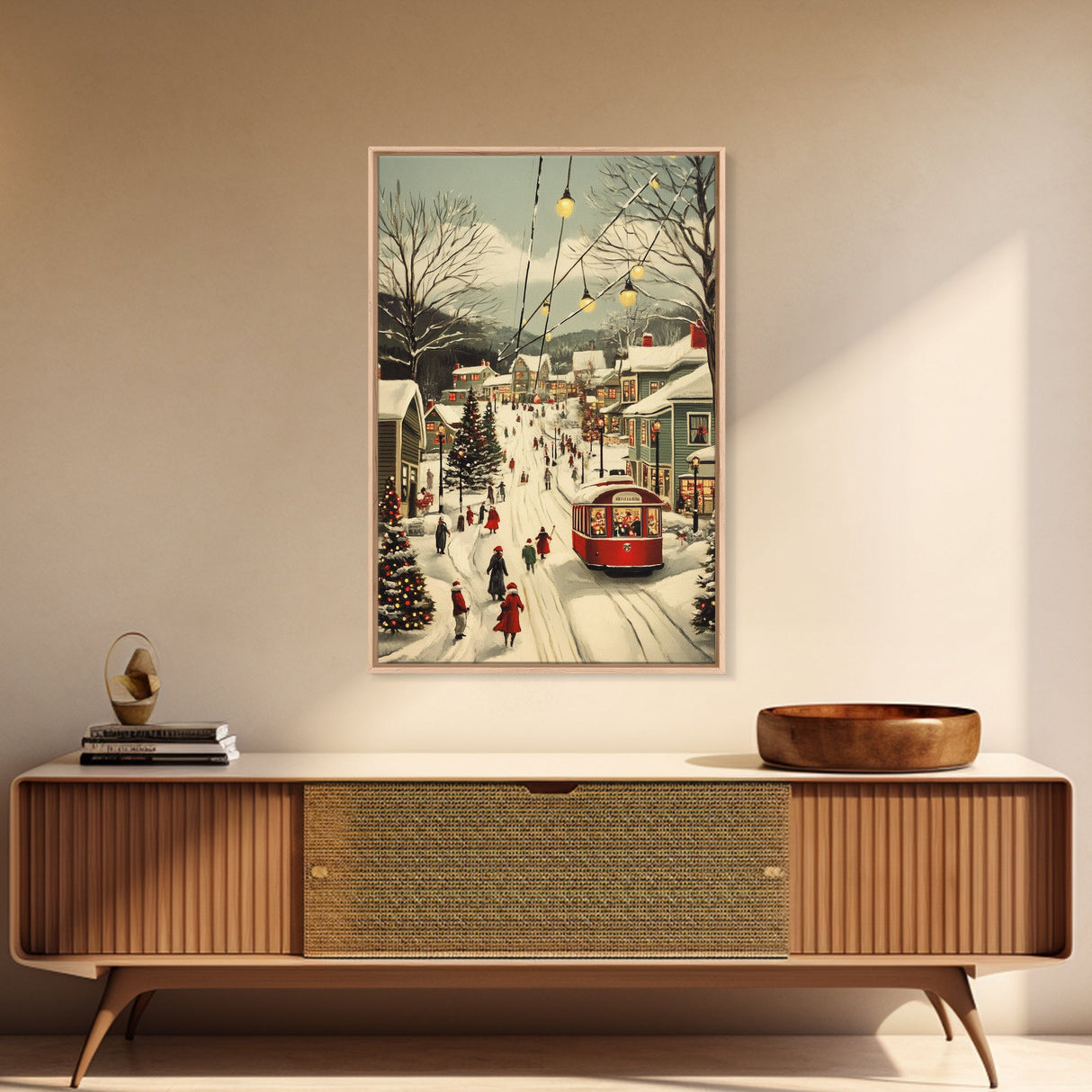 Vintage Christmas Trolley Painting Print, Framed Canvas Art, Christmas Village Wall Art
