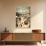 Vintage Christmas Trolley Painting Print, Framed Canvas Art, Christmas Village Wall Art