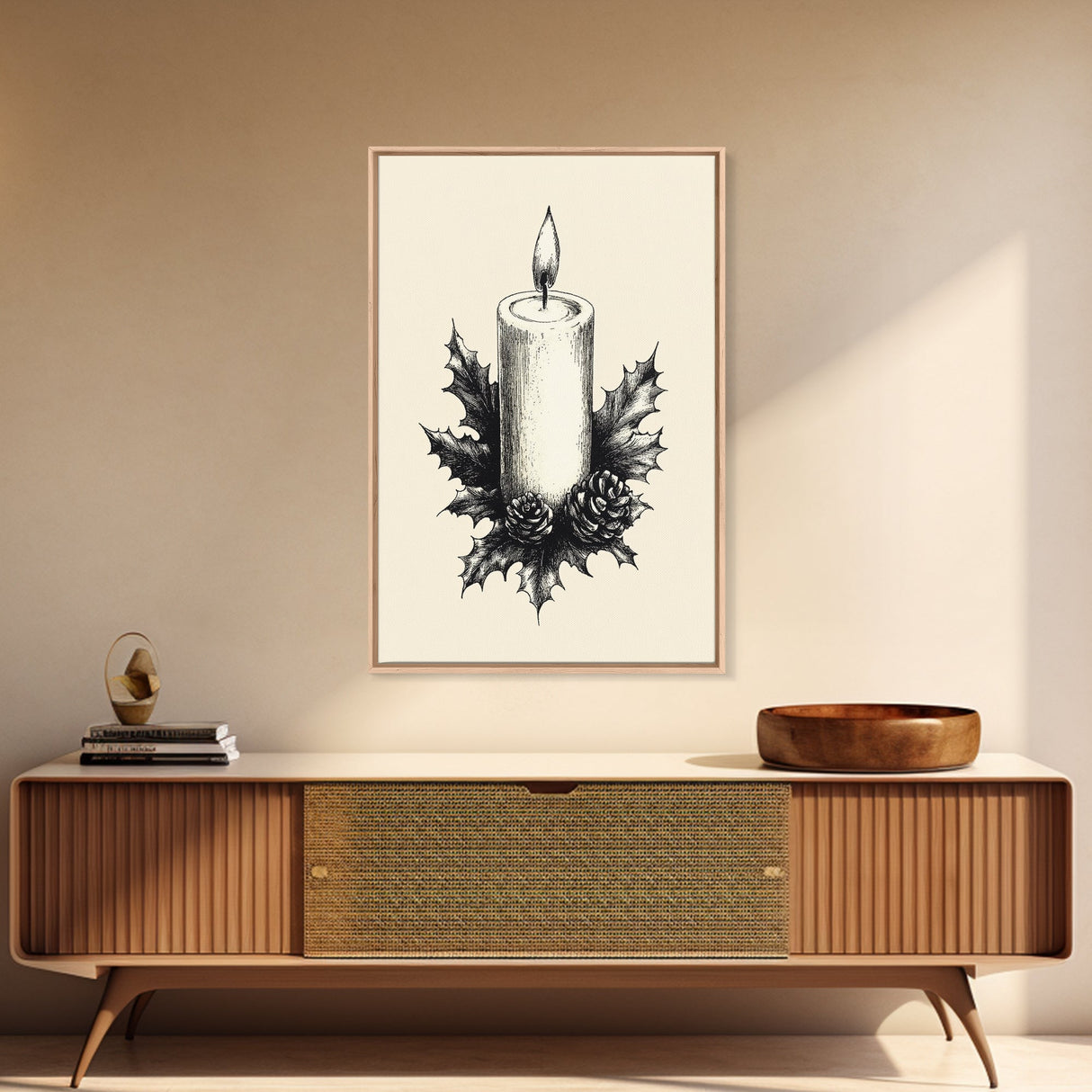 Rustic Christmas Candle Canvas Print - Framed Canvas - Minimalist Christmas Art - Boho Christmas Art - Rustic Christmas Art