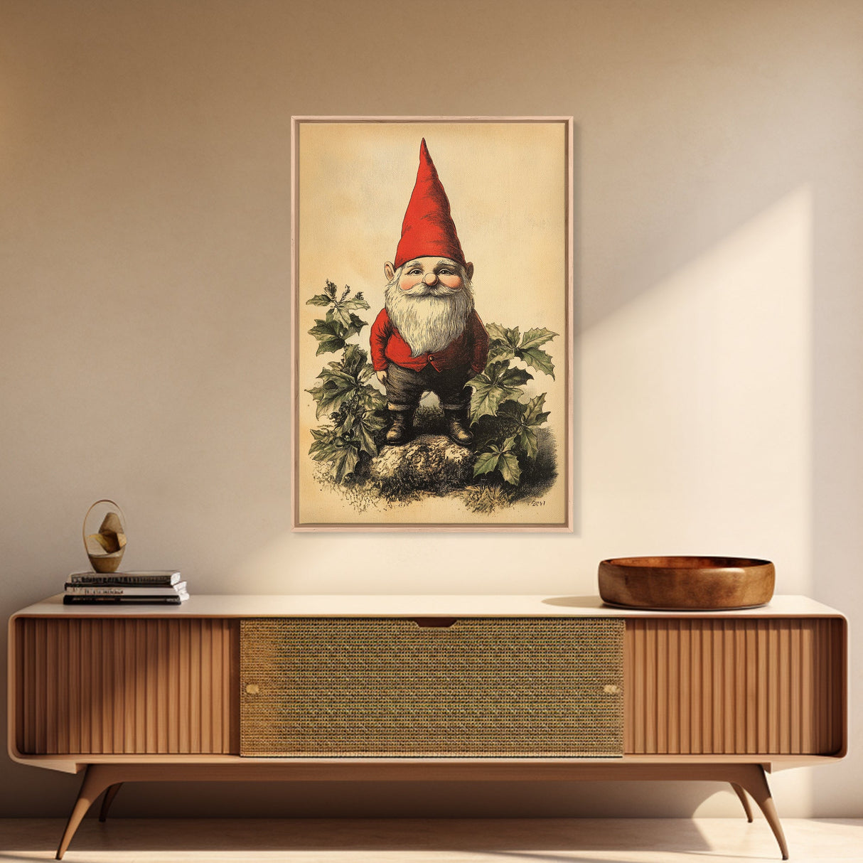 Painting of a Gnome Canvas Print - Framed Canvas - Minimalist Christmas Art - Boho Christmas Art - Rustic Christmas Art