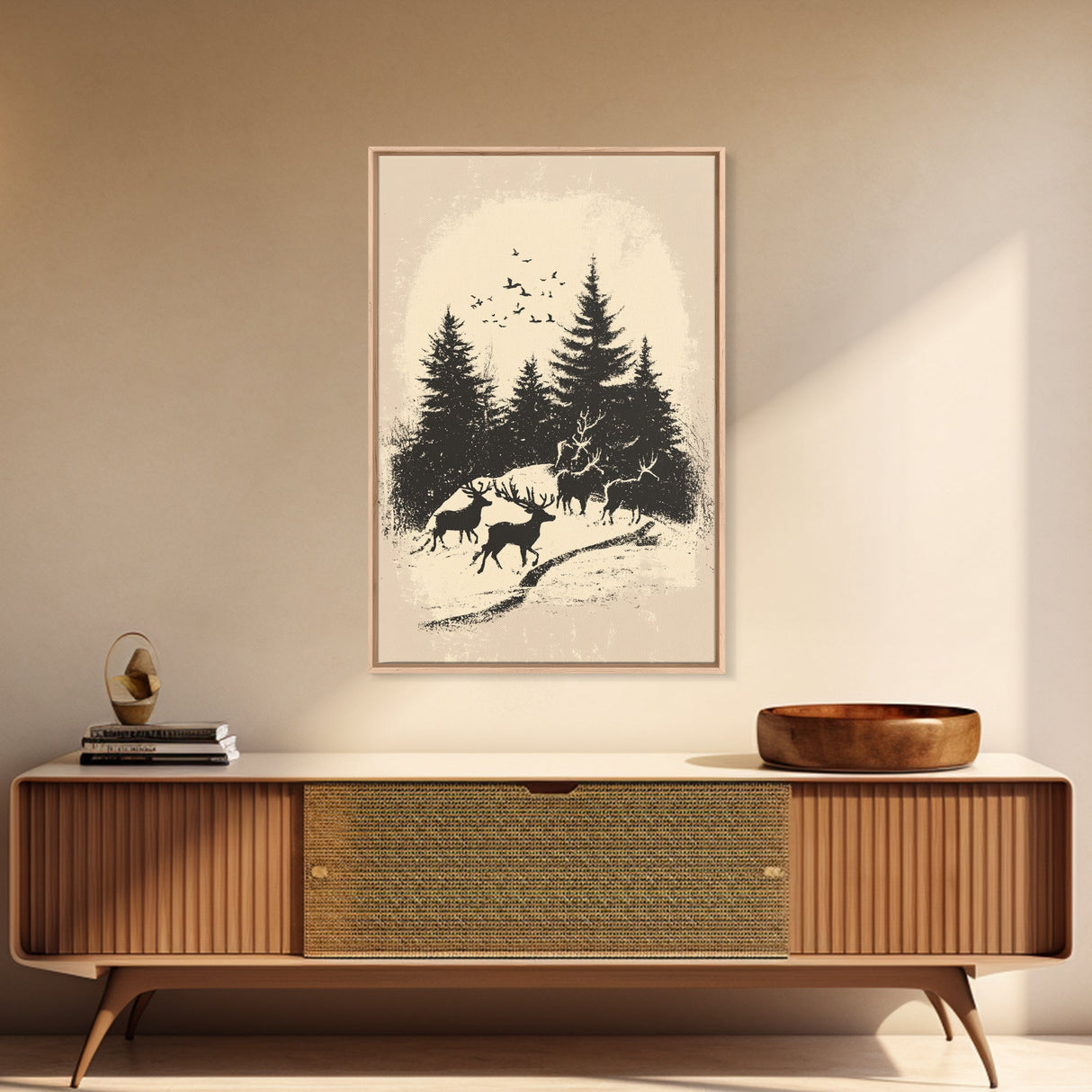 Sketch of Reindeer In The Snow Canvas Print - Framed Canvas - Minimalist Christmas Art - Boho Christmas Art - Rustic Christmas Art