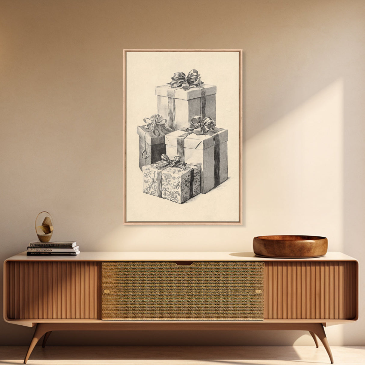 Drawing of Christmas Gifts Canvas Print - Framed Canvas - Minimalist Christmas Art - Boho Christmas Art - Rustic Christmas Art