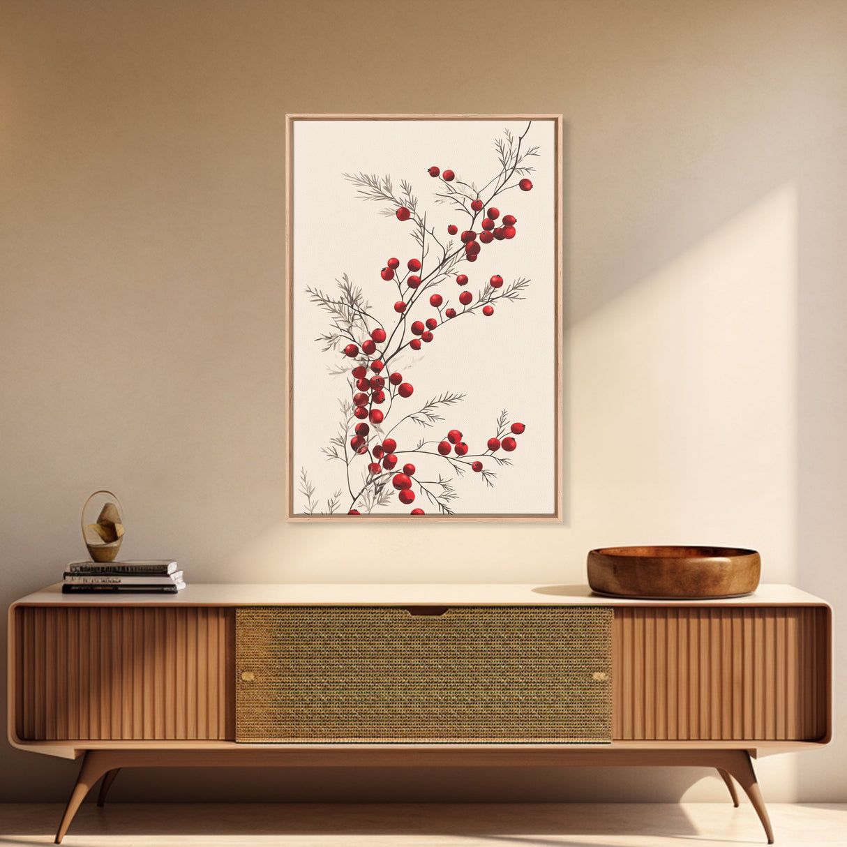 Holly Berries Canvas Print - Framed Canvas - Minimalist Christmas Art - Boho Christmas Art - Rustic Christmas Art