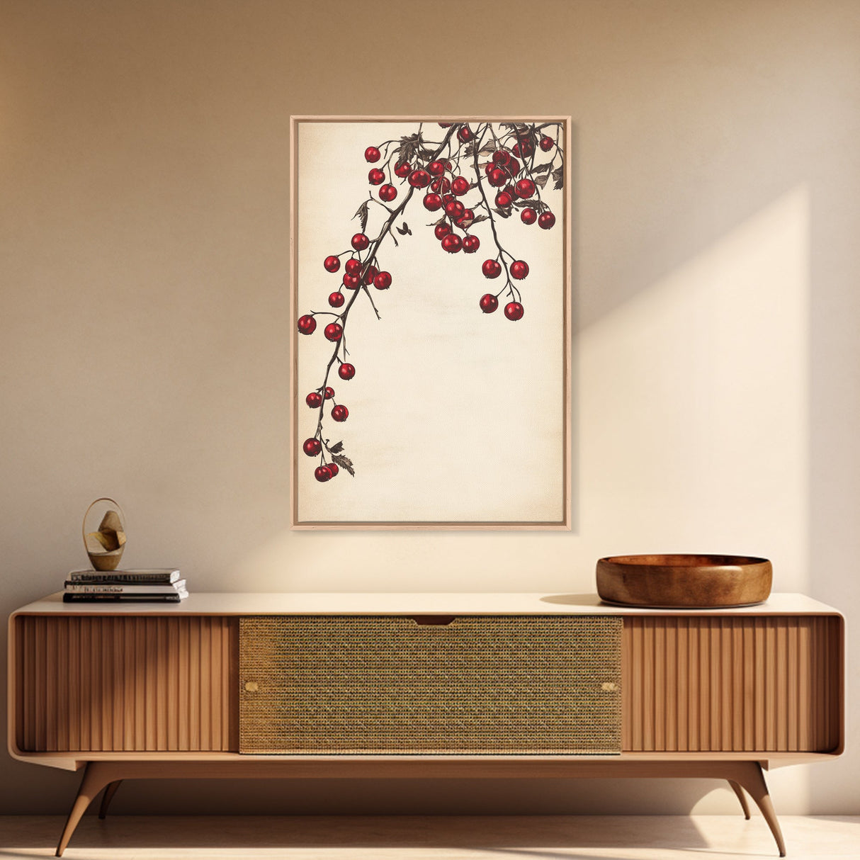 Red Holly Berries Canvas Print - Framed Canvas - Minimalist Christmas Art - Boho Christmas Art - Rustic Christmas Art