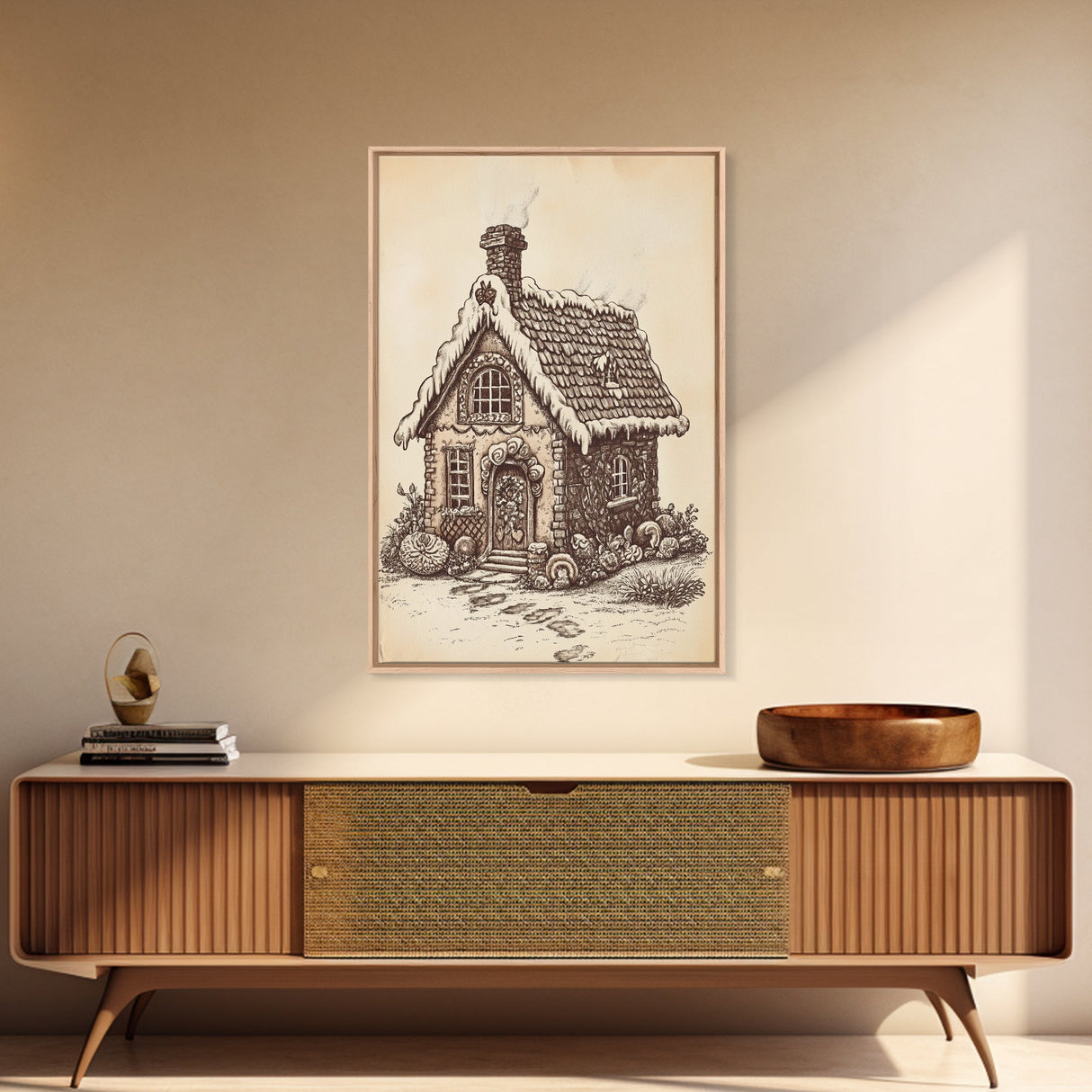 Ginger Bread House Canvas Print - Framed Canvas - Minimalist Christmas Art - Boho Christmas Art - Rustic Christmas Art