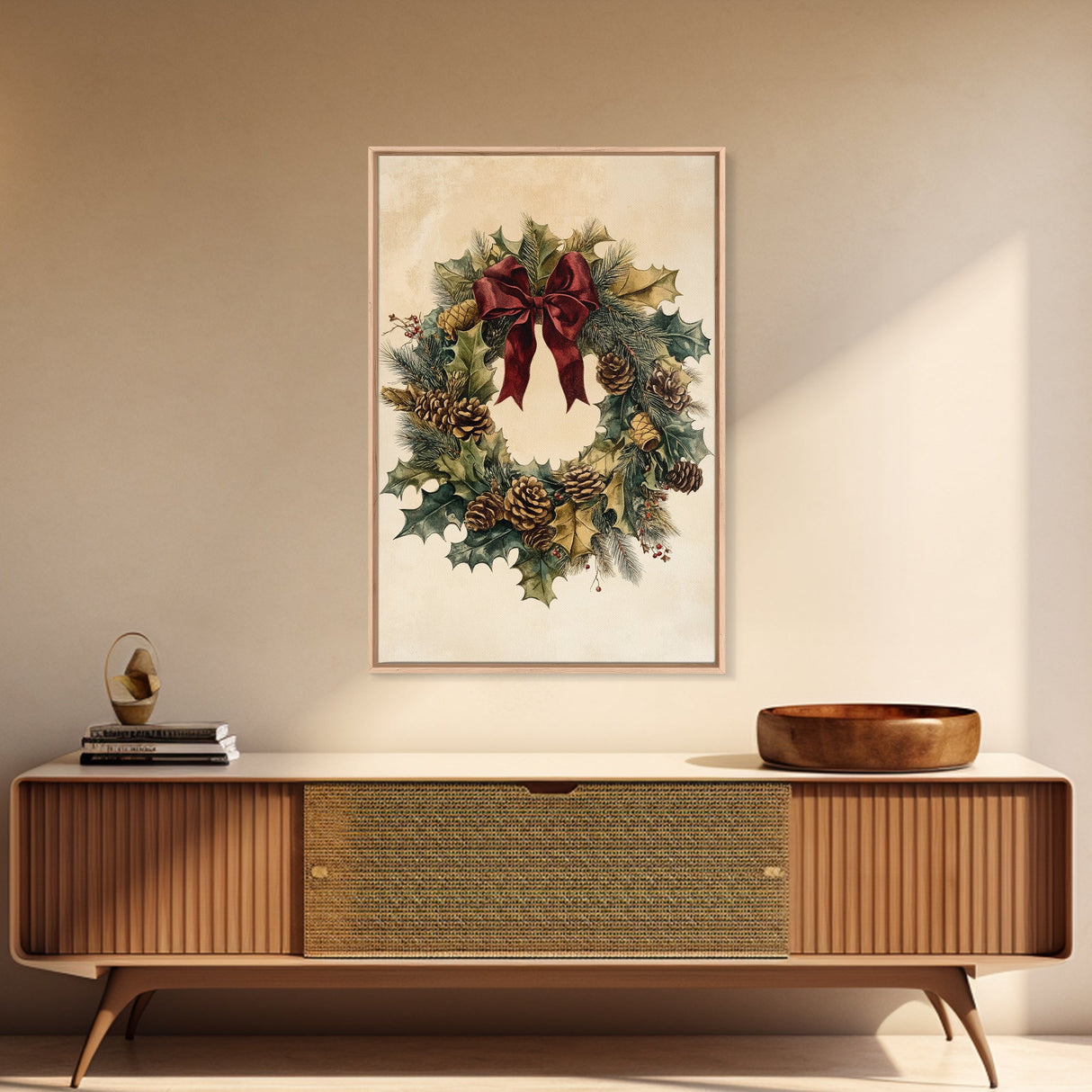 Vintage Christmas Wreath Canvas Print - Framed Canvas - Minimalist Christmas Art - Boho Christmas Art - Rustic Christmas Art