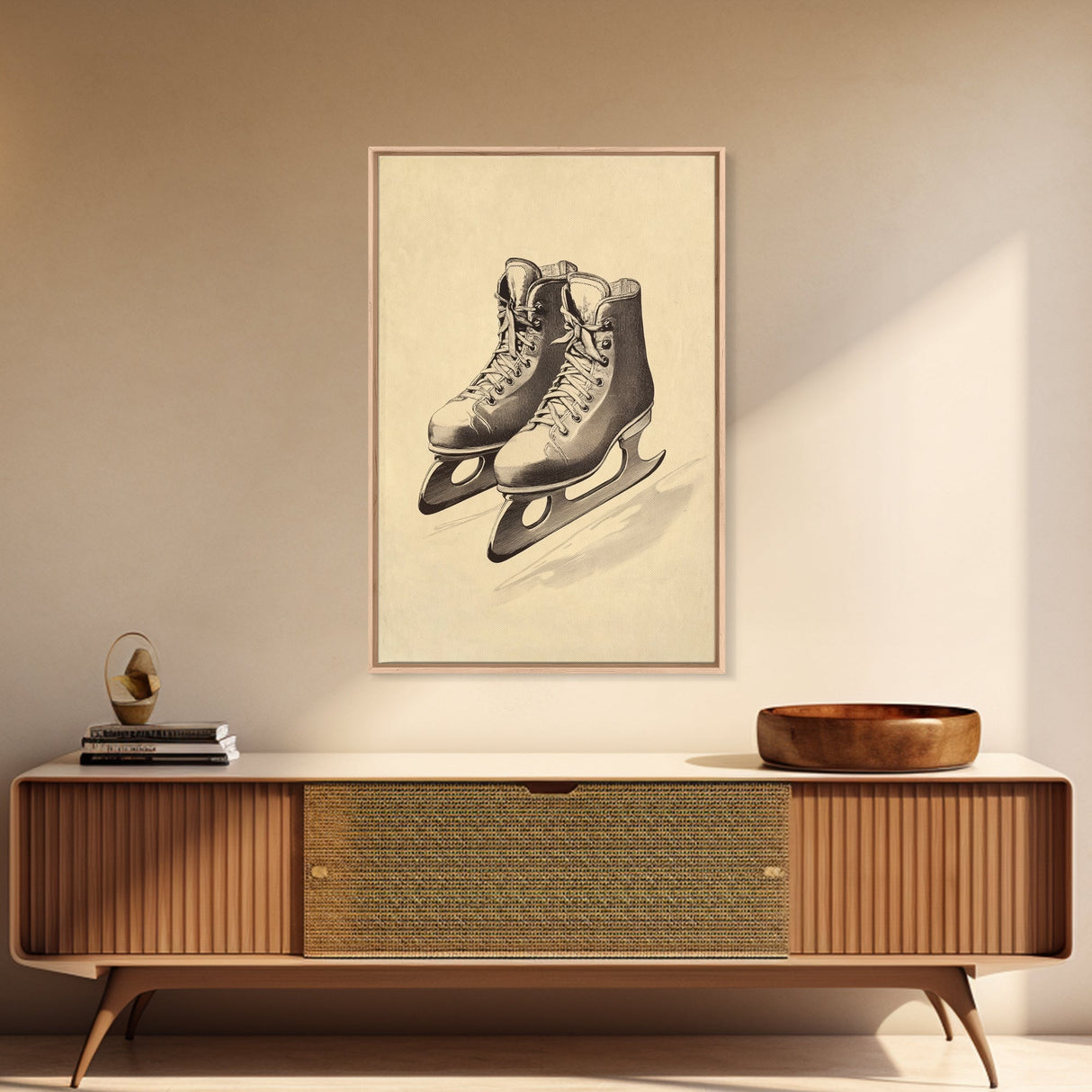 Vintage Ice Skates Canvas Print - Framed Canvas - Minimalist Christmas Art - Boho Christmas Art - Rustic Christmas Art