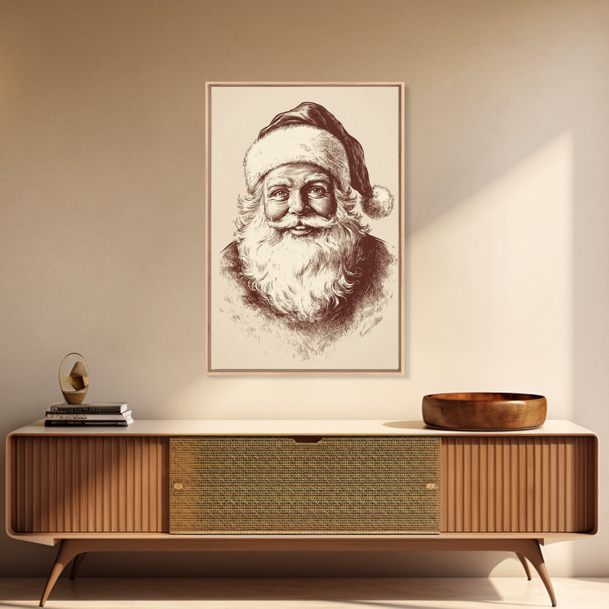 Vintage Santa Painting Canvas Print - Framed Canvas - Minimalist Christmas Art - Boho Christmas Art - Rustic Christmas Art
