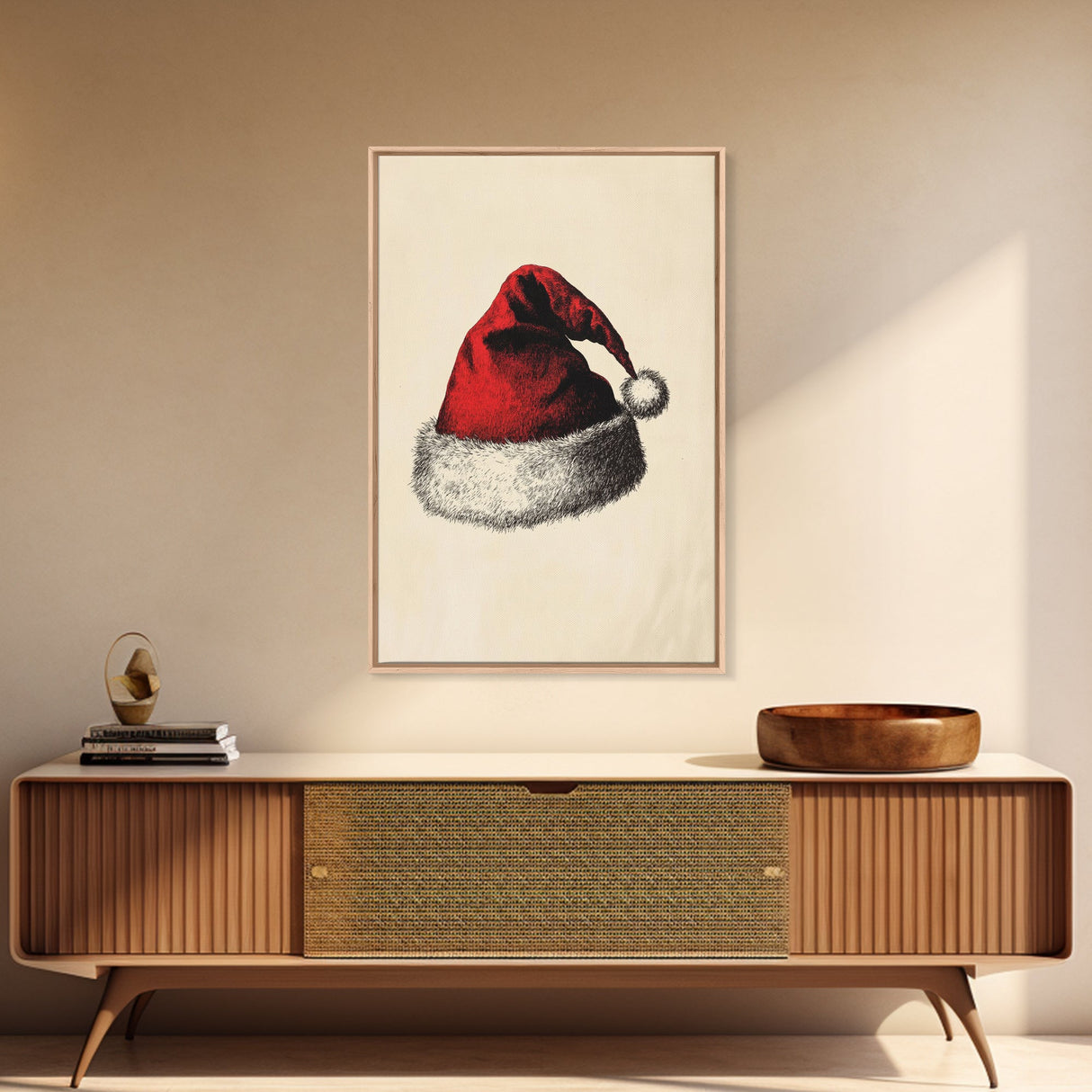 Retro Santa Hat Sketch Canvas Print - Framed Canvas - Minimalist Christmas Art - Boho Christmas Art - Rustic Christmas Art