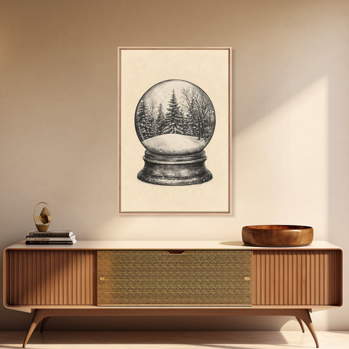 Christmas Snowglobe Canvas Print - Framed Canvas - Minimalist Christmas Art - Boho Christmas Art - Rustic Christmas Art