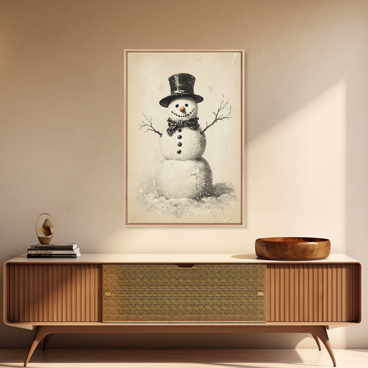 Retro Snowman Canvas Print - Framed Canvas - Minimalist Christmas Art - Boho Christmas Art - Rustic Christmas Art