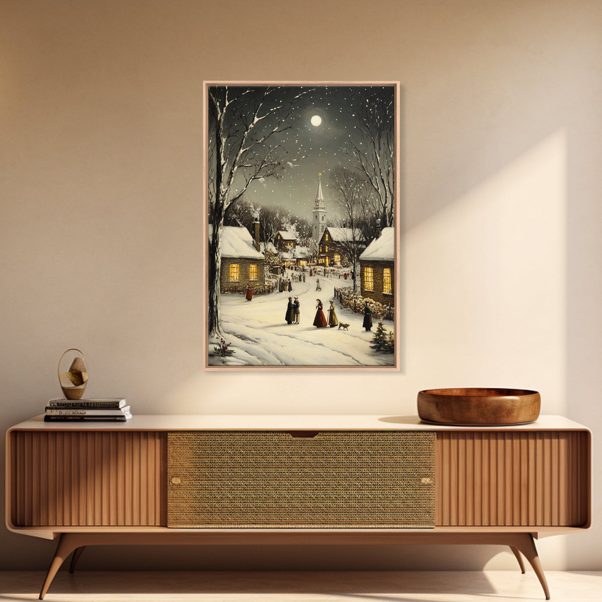 Huge Christmas Tree In The Town Square, Christmas Village Wall Art, Framed Canvas Print, Christmas Canvas Art