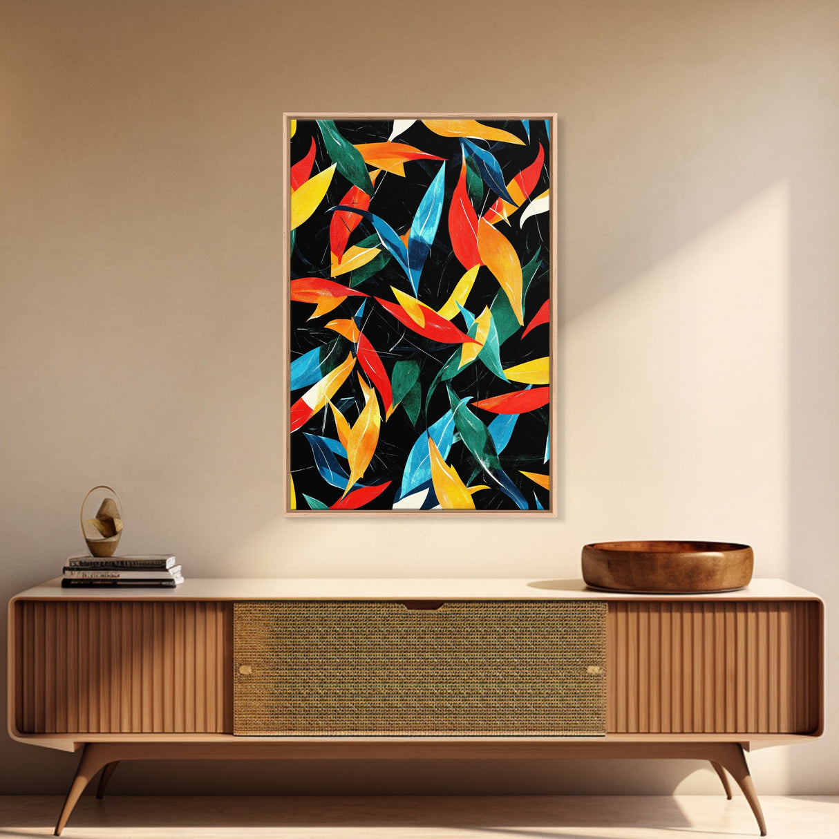 Fall Leaves Abstract Art Print, Wood Framed Art, Retro Mid-Century Modern Botanical Pattern Wall Art Print, 1950s Style Home Decor