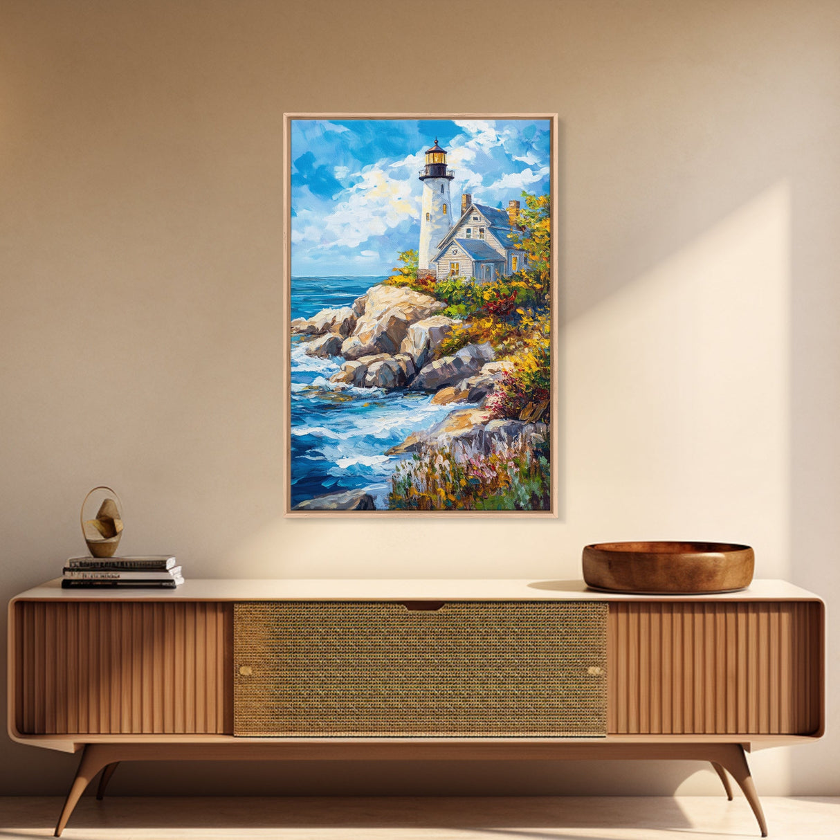 Lighthouse in Maine Framed Canvas Print, Maine Oil Painting, Coastoal Home Decor, Nautical Wall Art, Light House Oil Painting
