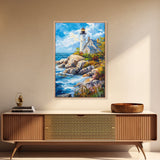 Lighthouse in Maine Framed Canvas Print, Maine Oil Painting, Coastoal Home Decor, Nautical Wall Art, Light House Oil Painting