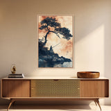 Japanese Fisherman Under a Bonzai Tree, Wabi Sabi Minimalist Decoe, Framed Canvas Print, Fishing Art, Fisherman Gift