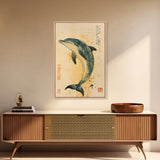 Japanese Style Dolphin Print, Nautical Decor, Framed Canvas Print, Dolphin Painting, Dolphin Art, Gift For Him, Office Art