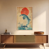 Dolphin Jumping Under A Sunset Over the Ocean Framed Canvas Print, Wabi Sabi Nautical Home Decor, Minimalist Wall Art, Office Decor