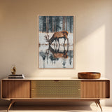 Elk Drinking Water Oil Painting Print, Framed Canvas, Deer Drinking Water In Forest Painting, Nature Decor, Cabin Wall Art, Winter Wall Art