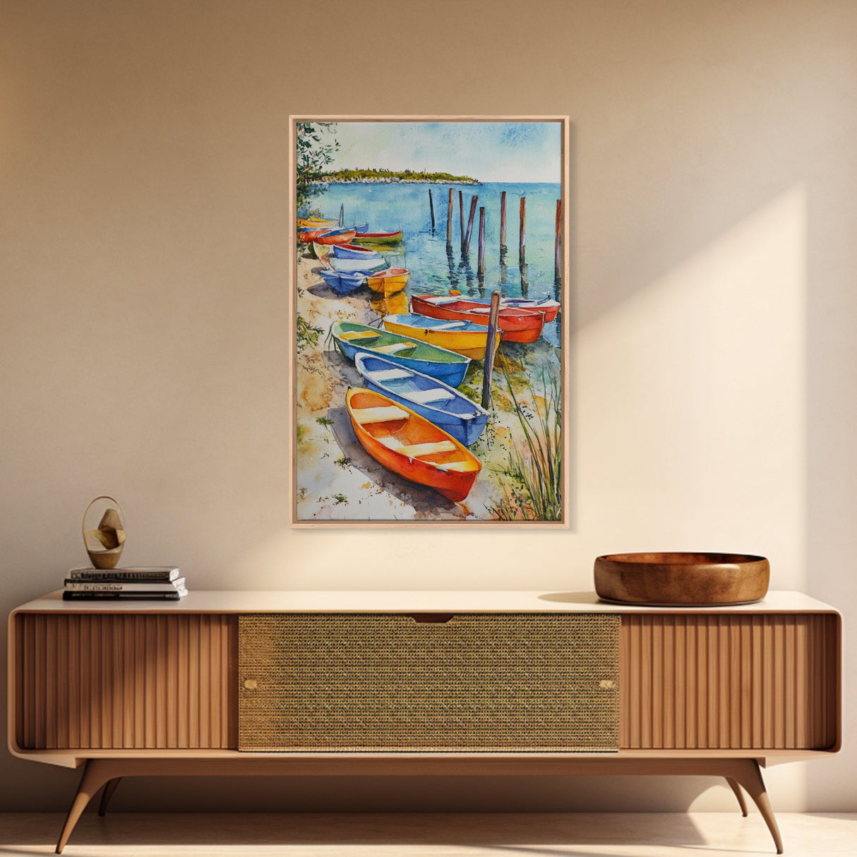 Kayaks On The Ocean Framed Canvas Print, Maine Painting, Coastal Decor, Cute Coastal Wall Art, Preppy Decor, Coastal Landscape Painting