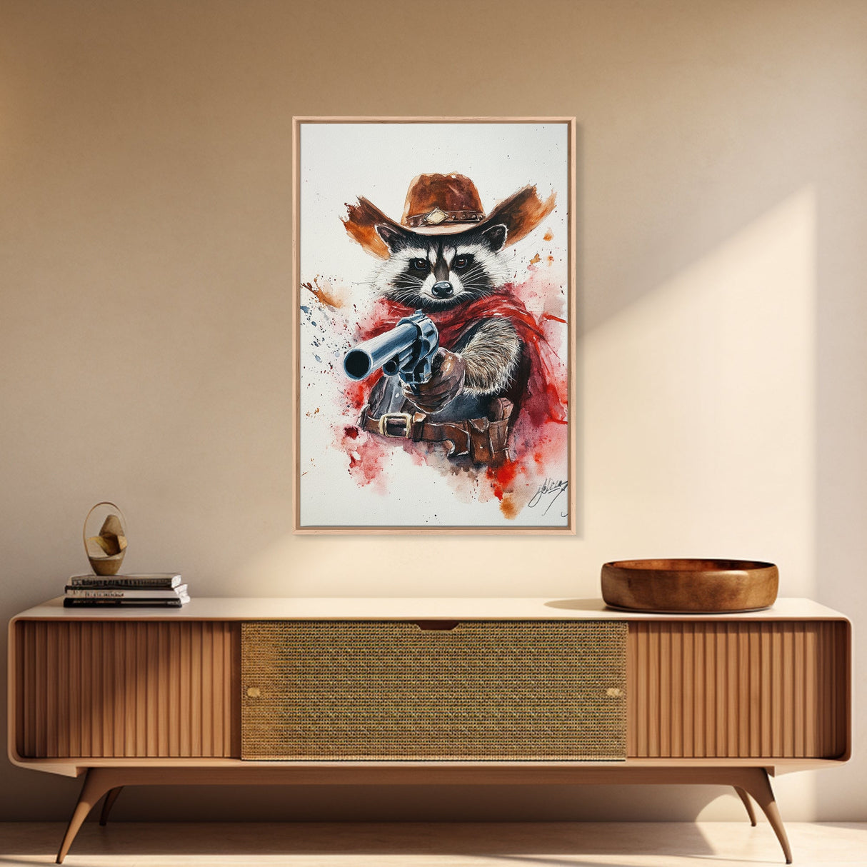 Wild West Racoon Cowboy Watercolor Painting Print, Rustic Home Decor, Framed Canvas Ready To Hang