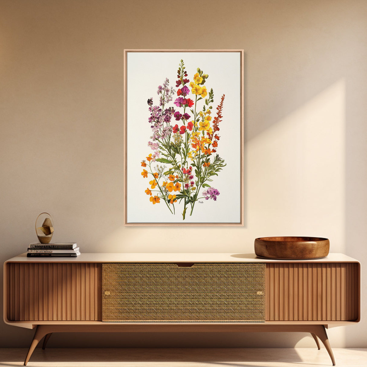 Retro Still Life Of Wild Flowers, Framed Canvas Print, Windflower Painting, Floral Print, Botanical Wall Art, Garden Decor, Wabi Sabi Wall Art