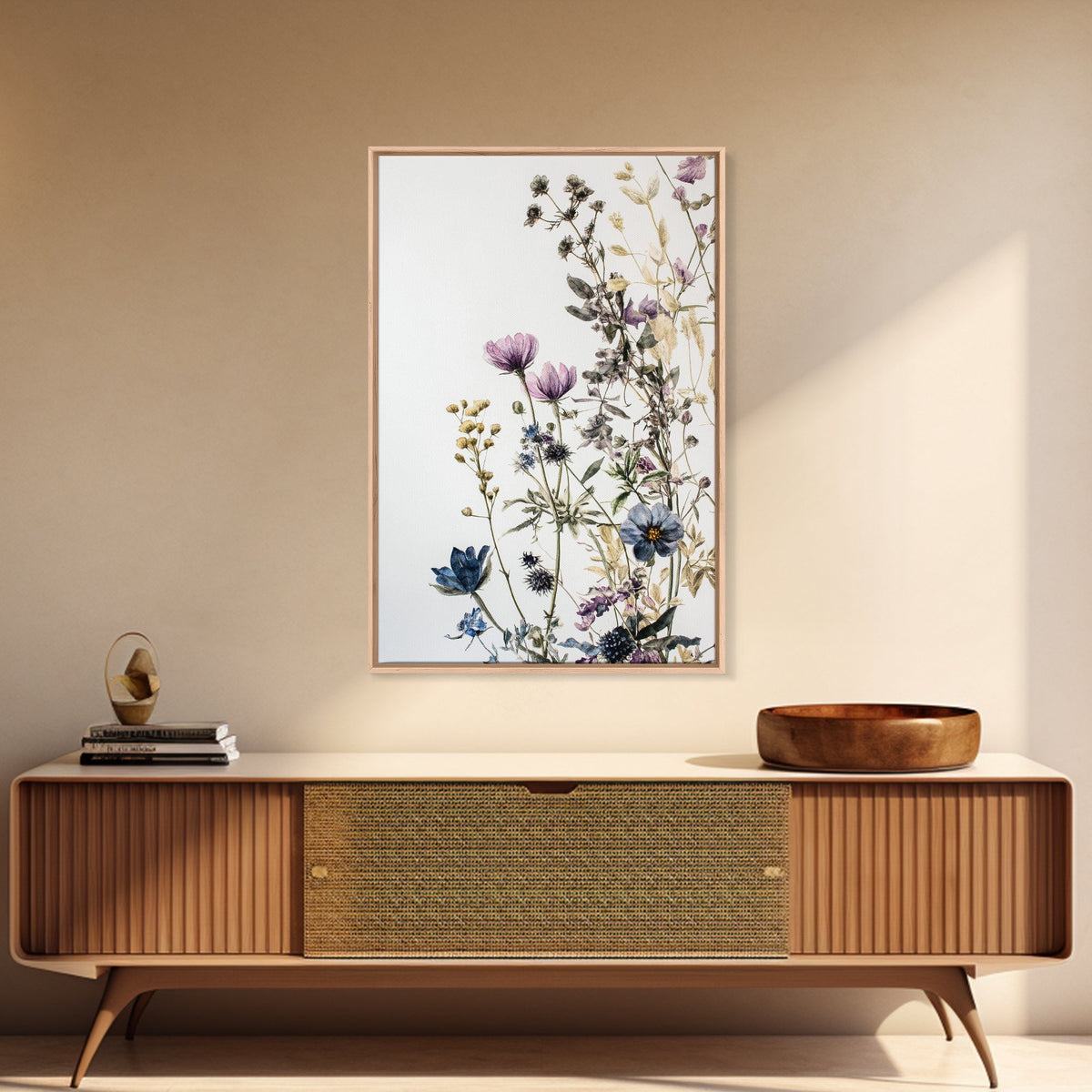 Retro Floral Decor Framed Canvas Print Modern Farmhouse Minimalist Wildflowers Painting Botanical Wall Art