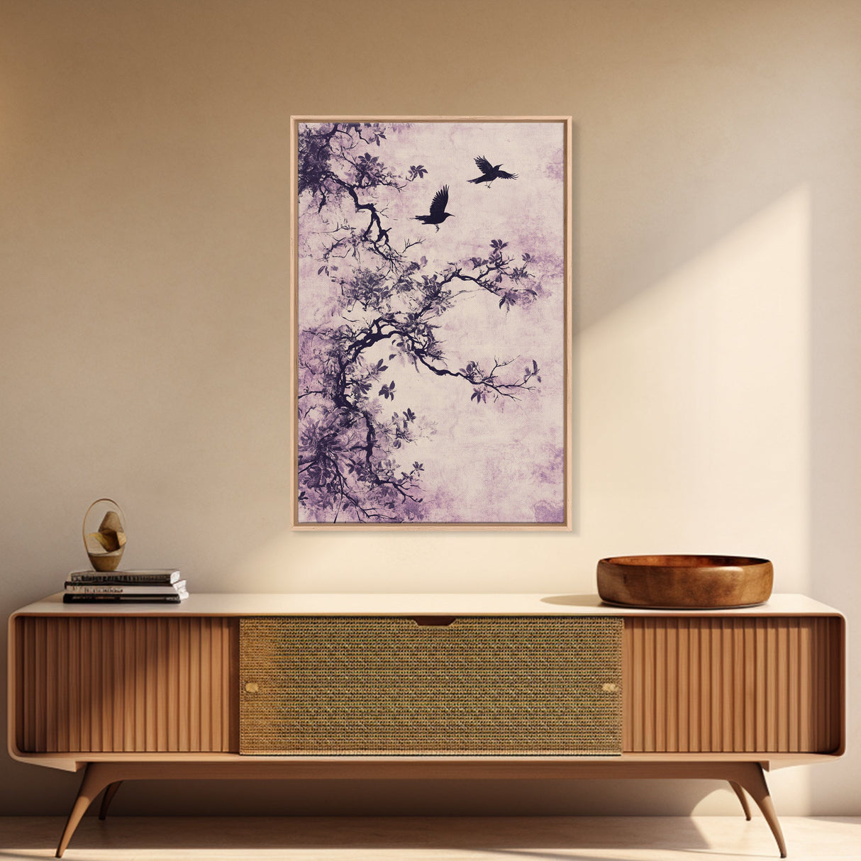 Wabi Sabi Floral Print Framed Canvas Art, Minimalist Home Decor, Purple trees with Crows, Purple Art, Boho Style Modern Art