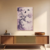 Wabi Sabi Floral Print Framed Canvas Art, Minimalist Home Decor, Purple trees with Crows, Purple Art, Boho Style Modern Art