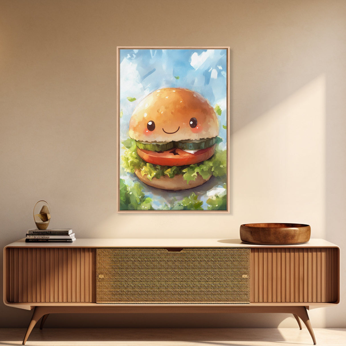 Kawaii Hamburger Canvas Print, Cute Hamburger Painting, Kitchen Decor, Kawaii Wall Art, Veggie Burger Painting