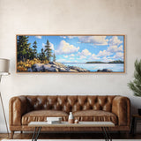 Acadia National Park, Framed Canvas Print, Acadia Watercolor Art Painting, Extra Wide Panoramic Wall Art, Horizontal Mountain Landscape Painting