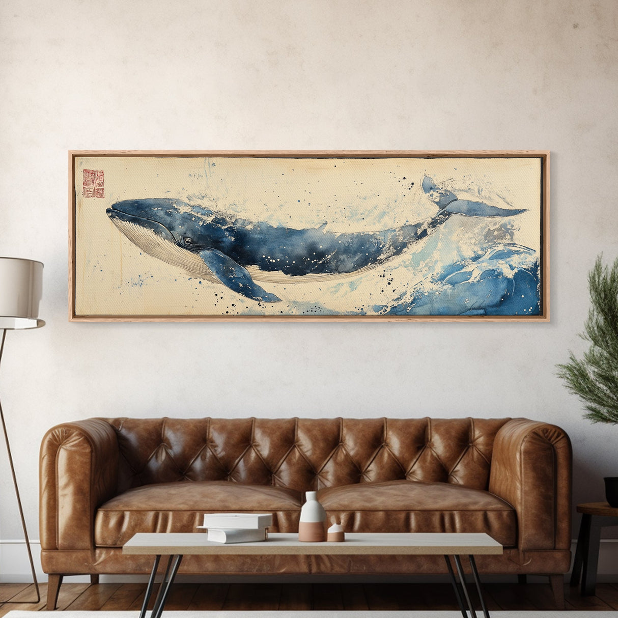 Japanese Style Wabi Sabi Painting Canvas Print of a Whale | Nautical Decor | Animal Print | Ocean Art | Whale Wall Art | Whale Decor