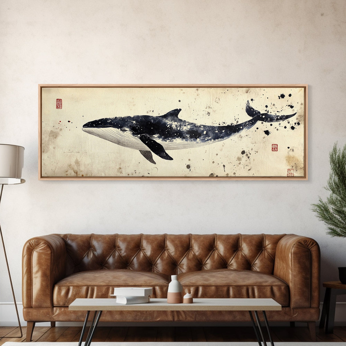 Whale Art Wabi Sabi Panoramic Oil Painting Print, Japanese Style Wall Art - Whale Decor - Whale Art Print - Living Room Decor - Minimalist