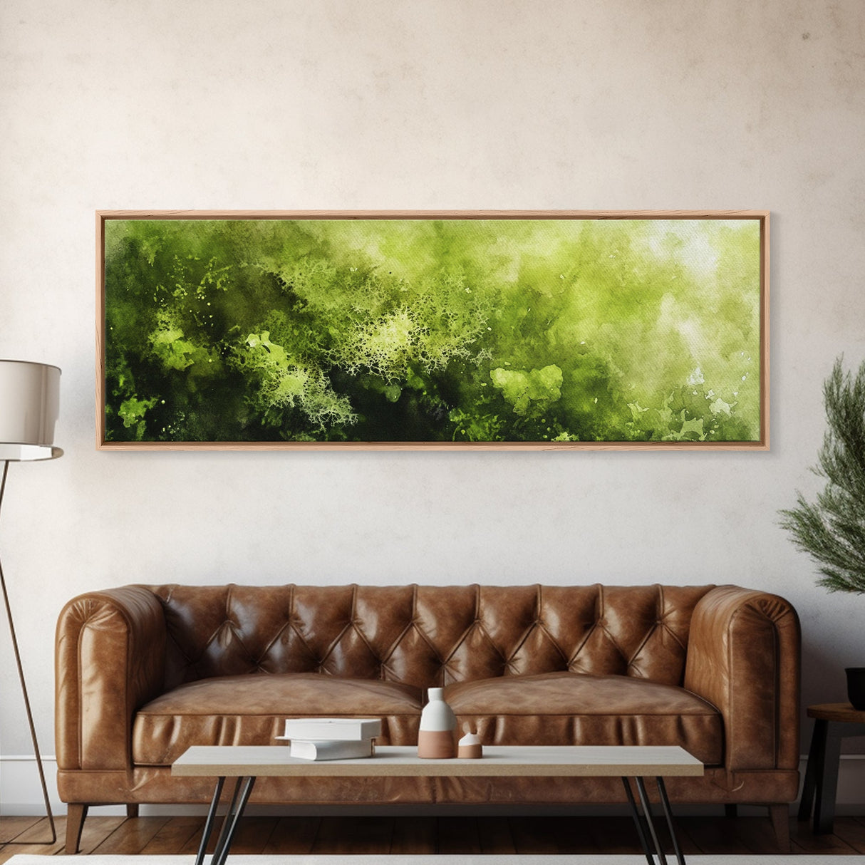 Moss Wall Art - Panoramic Canvas Print - Watercolor Painting of Green Moss