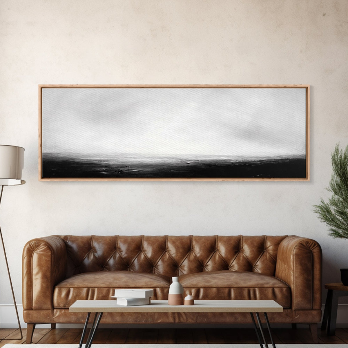The Sea is Calm Panoramic Canvas Print, Seascape Painting, Black and White Nautical Art, Moody Decor, Muted Art, Subdued Art