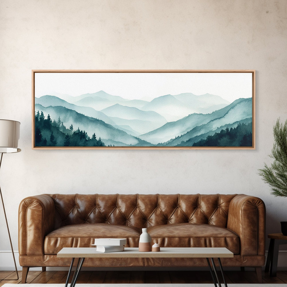 Indigo and Emerald Green Blue Ridge Mountains, Framed Canvas Print, Panoramic Home Decor, Horizontal Art, Mountain Landscape Painting
