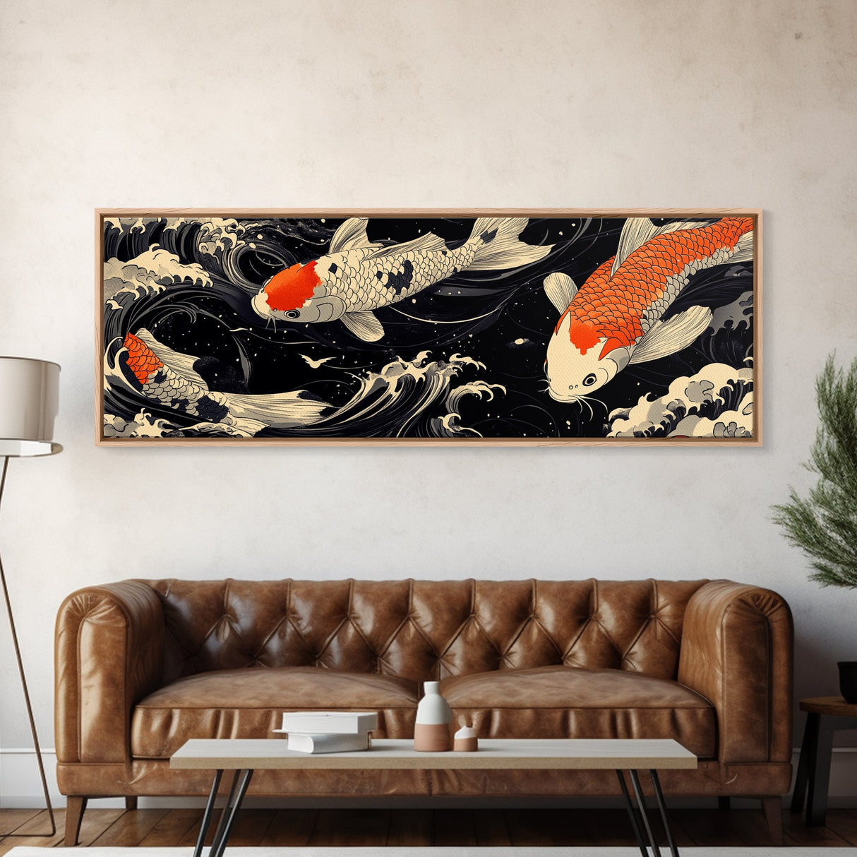 Wabi Sabi Boho Painting Print of Ko Fish, Japanese Style Decor, Panoramic Horizontal Wall Art, Extra Wide 70 Inch Wall Art, 72 Inch Wide Art